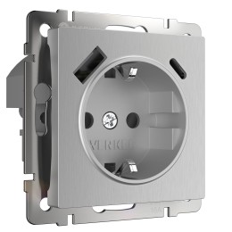 Розетка с заземлением, шторками и USB тип A+C (серебряный рифленый) W1171709